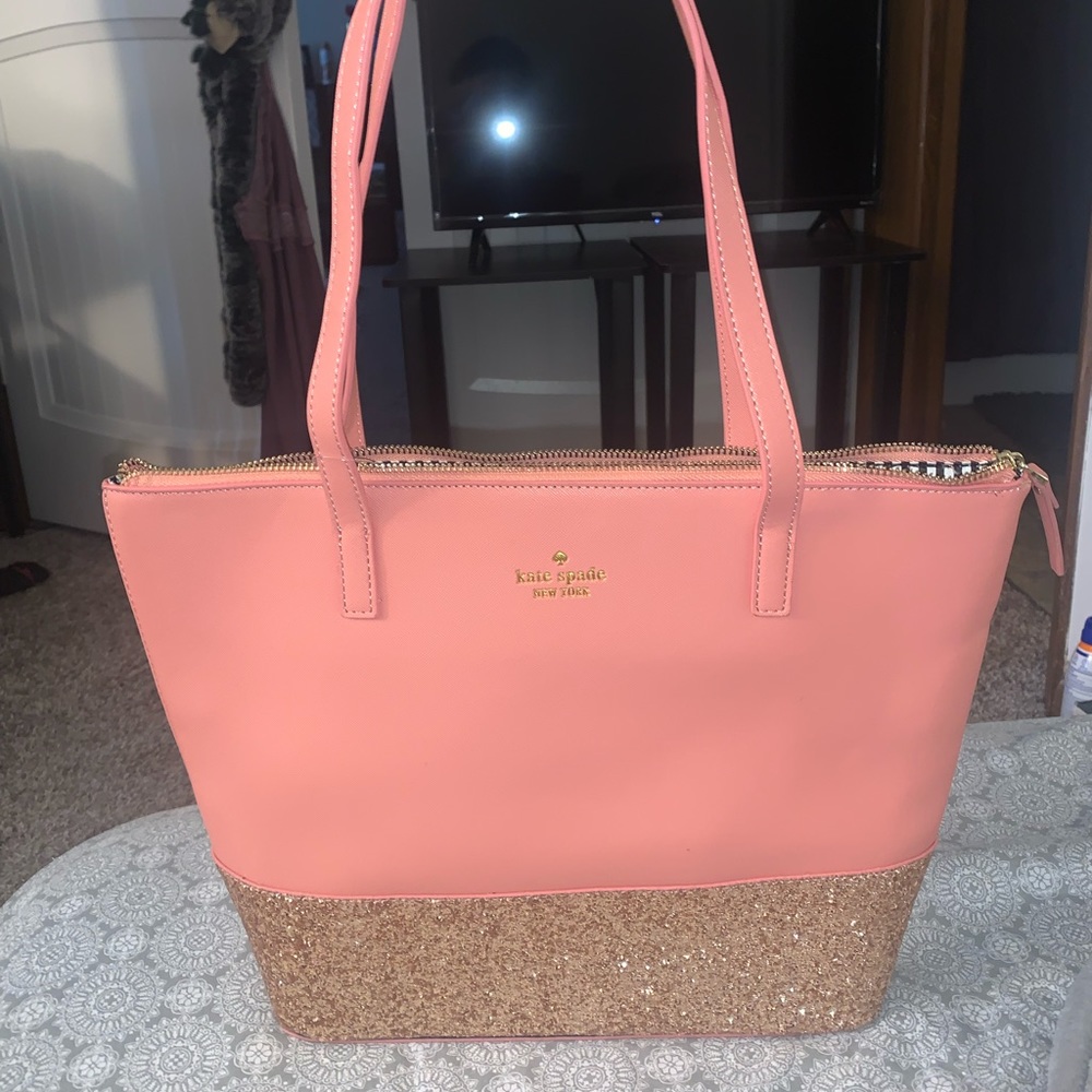 Kate Spade Greta Court Tote Bag Coral&Gold Glitter